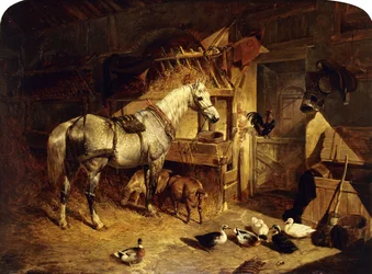 Het interieur van een stal met een schimmel in tuig, met eenden, geiten en een haan bij een voerbak, 1843