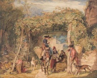 Figuren en dieren in een wijngaard