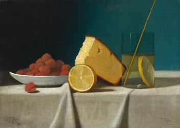 Stilleven met cake, citroen, aardbeien en glas