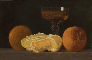 Stilleven met sinaasappels en beker wijn