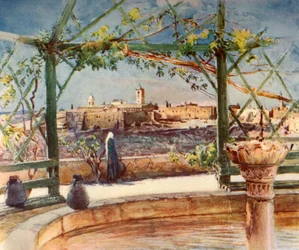 Kerk van de Geboorte in Bethlehem vanuit een tuin op de tegenoverliggende heuvel, 1902