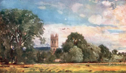 Magdalen College Tower, vanaf de weiden (kleurenlitho)