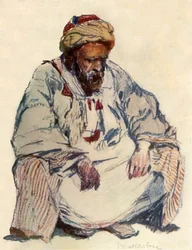Zittende figuur van Syrische herder in schapenvachtjas, 1902