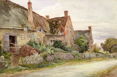 Huisje met rieten dak en aangrenzende schuur, 1881