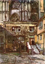 De binnenplaats van de abt en de ingang van de Jeruzalemkamer (kleurenlitho)