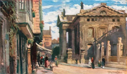 Het Clarendon-gebouw, kijkend naar het oosten (kleurenlitho)