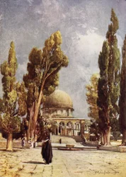 De Rotskoepel (Moskee van Omar) gezien vanaf de veranda aan de noordzijde van de Moskee van El Aksa