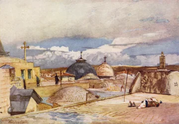 De koepels van de Heilig Grafkerk, vanaf een dak op de berg Zion