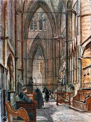 De zuidelijke kooromgang, kijkend naar het westen langs de zuidelijke koorbeuk (kleurenlitho)