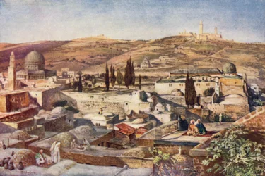 Het Tempelgebied en de Olijfberg, vanaf de Berg Zion