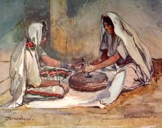 Twee vrouwen malen bij een handmolen, 1902