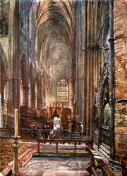 Gezicht op het koor en het schip, kijkend naar het westen vanaf het hoogaltaar (kleurenlitho)