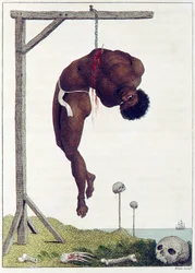 Een zwarte persoon levend aan de ribben aan een galg opgehangen, gepubliceerd in 1796