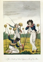 De sculls van Lieu Leppar, zes van zijn mannen, door J.G. Stedman