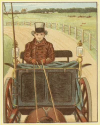 Jongen die een paard en wagen bestuurt