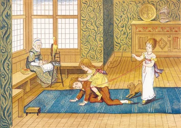 Speeltijd - spel tijd, drie kinderen spelen, de jongste rijdt op de rug van haar broer, de jongste rijdt op de rug van haar broer, vastgemaakt aan rendieren vastgehouden door haar zus, in een woonkamer, bij hun grootmoeder die wol spint - Uittreksel uit Mi