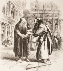 Illustratie voor De Koopman van Venetië, Shylock en Tubal ontmoeten elkaar op straat, Act III, Scene I, uit 