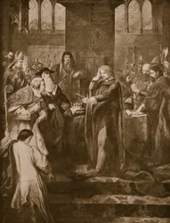 Koning Richard II doet afstand van de kroon aan zijn neef Bolingbroke, illustratie uit 