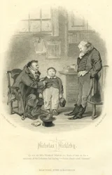 Nicholas Nickleby: Wackford Squeers en jonge Wackford Squeers, gegraveerd door H.B. Hall en Zonen, 1867
