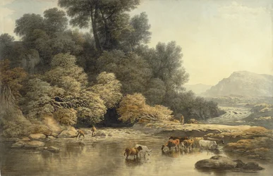 Heuvellandschap met rivier en vee, ca. 1810
