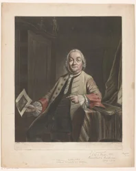 Portret van Simon Fokke met in zijn hand de prent van de plundering van het huis van Gerrit Hagedooren, 1751