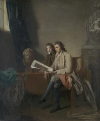 Portret van een man en een jongen die naar prenten kijken, ca. 1765-70