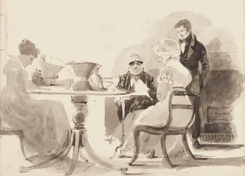 Man staand aan een tafel met drie zittende vrouwen