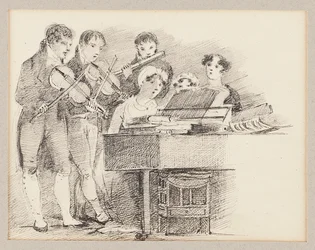 Pianist begeleid door violisten en een fluitist