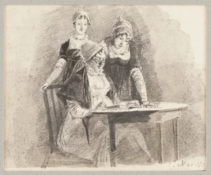 Drie aan een tafel, één zittend, 1807