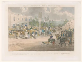 Gezicht op een drukke straat voor The Lord Nelson Inn in de wijk Cheam (Straatgezichten rondom Epsom) (Scenes on the road, or a trip to Epsom and back) (series title)