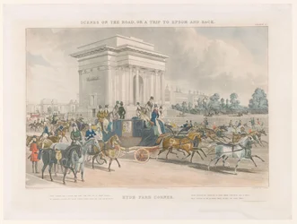 Gezicht op een straat en Wellington Arch op Hyde Park Corner