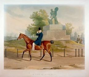 De Hertog van Wellington rijdt langs het Achilles-standbeeld in Hyde Park, Londen, 1844