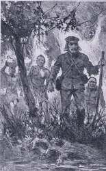 Livingstone schoot op de leeuw, maar de leeuw viel hem aan, beet in zijn schouder en brak zijn linkerarm, Newnes Pictorial Knowledge uitgegeven door Newnes, c.1950
