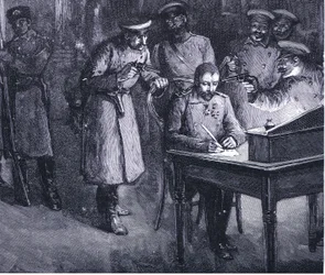 Prins Alexander ondertekent in 1886 zijn troonsafstand, illustratie uit Hutchinsons Geschiedenis van de naties, deel 4, ca. jaren 1920