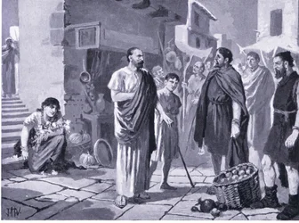 Romeinse kolonisten drijven handel met inheemse Daciërs, illustratie uit Hutchinsons Geschiedenis van de naties, deel 4, ca. jaren 1920