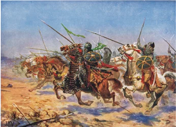 De cavalerie van Shahrbaraz in de aanval, illustratie uit 