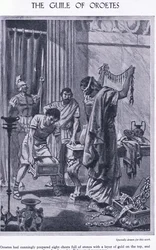 De list van Oroetes: acht kisten met stenen met een laag goud erop, getoond aan de boodschapper van Polycrates, ca. 1950