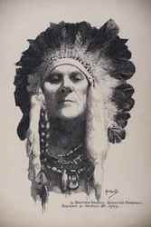Zelfportret met indianenhoofdtooi, 8 maart 1939 (pen en inkt op board)