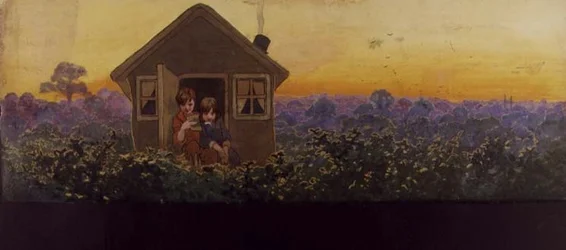 De boomtoppen bij zonsondergang een jaar later: Peter in het kleine huis met Wendy op haar jaarlijkse voorjaarsschoonmaakbezoek, illustratie bij 