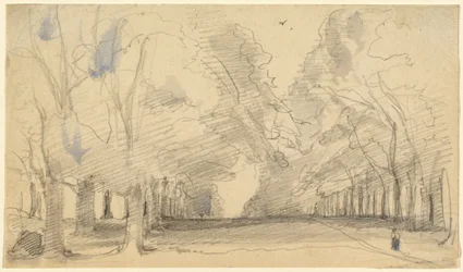 Bomenlaan (grafiet met blauwe en grijze wassingen op velijnpapier)