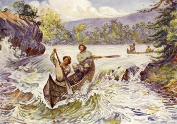 Canadezen die stroomversnellingen afvaren in kano