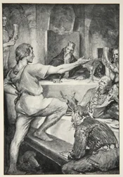 Beowulf antwoordt hooghartig aan Hunferth, uit 