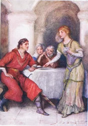 Enid Wacht op Geraint, illustratie voor Kinderverhalen van Tennyson door Nora Chesson