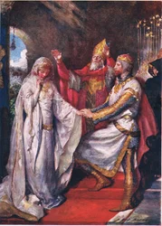 Het huwelijk van koning Arthur en koningin Guinevere, illustratie voor “Kinderverhalen uit Tennyson” van Nora Chesson