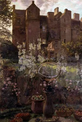 Kasteel Kellie, Fife, Schotland. Schots kasteel met stilleven sculptuur en fruitmand op de voorgrond. Schilderij van John Henry Lorimer (1856-1936 Brits) Privécollectie
