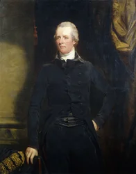Portret van William Pitt, staand driekwart lengte in een donker jasje en broek