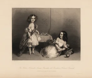 Henrietta Louisa Priscilla en Geraldine Harriet Somerset, dochters van Henry Somerset, 7e Hertog van Beaufort. Twee meisjes in off-the-shoulder jurken met linten, haar in krullen, spelen met een speelgoed theeservies en bal. Staalgravure door H. Cook