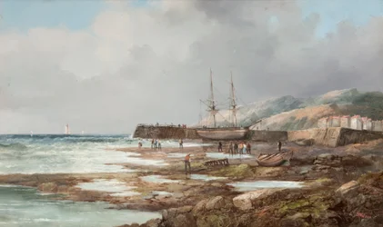 Zonder titel [aangemeerd zeilschip met dorp op de achtergrond]