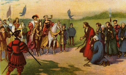 Koning Hendrik VIII en Catherine Howard arriveren in York na de Pelgrimage van Genade 1541