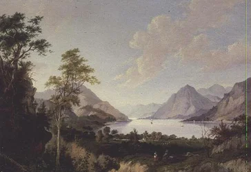 Landschap met meer en bergen